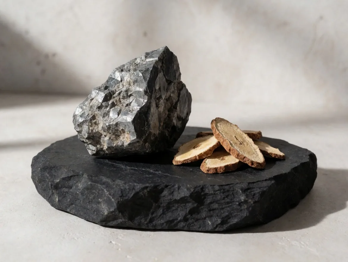 Mineral specimens and dried herbs on a slab