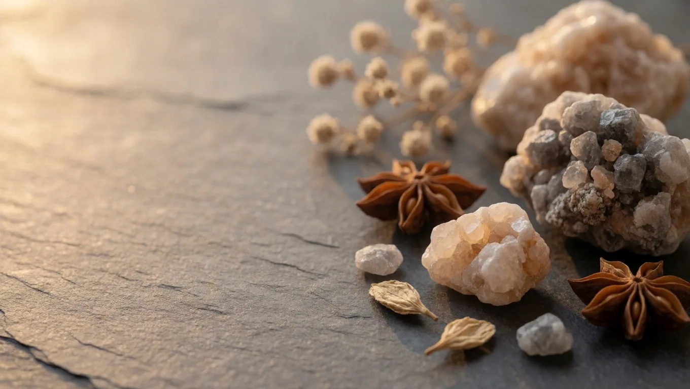 Mineral specimens on a dark stone slab under warm light