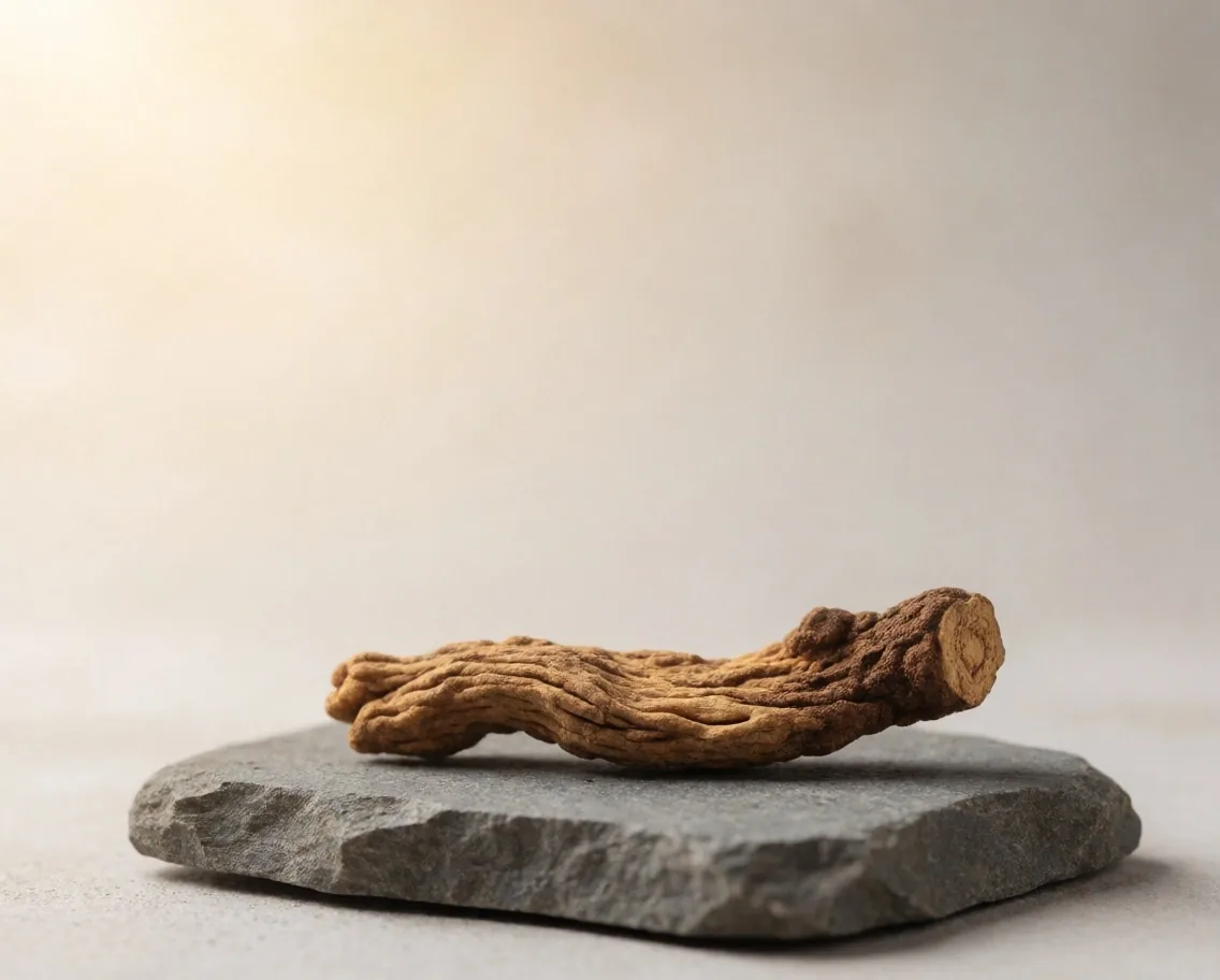 Dried botanical root on a stone slab
