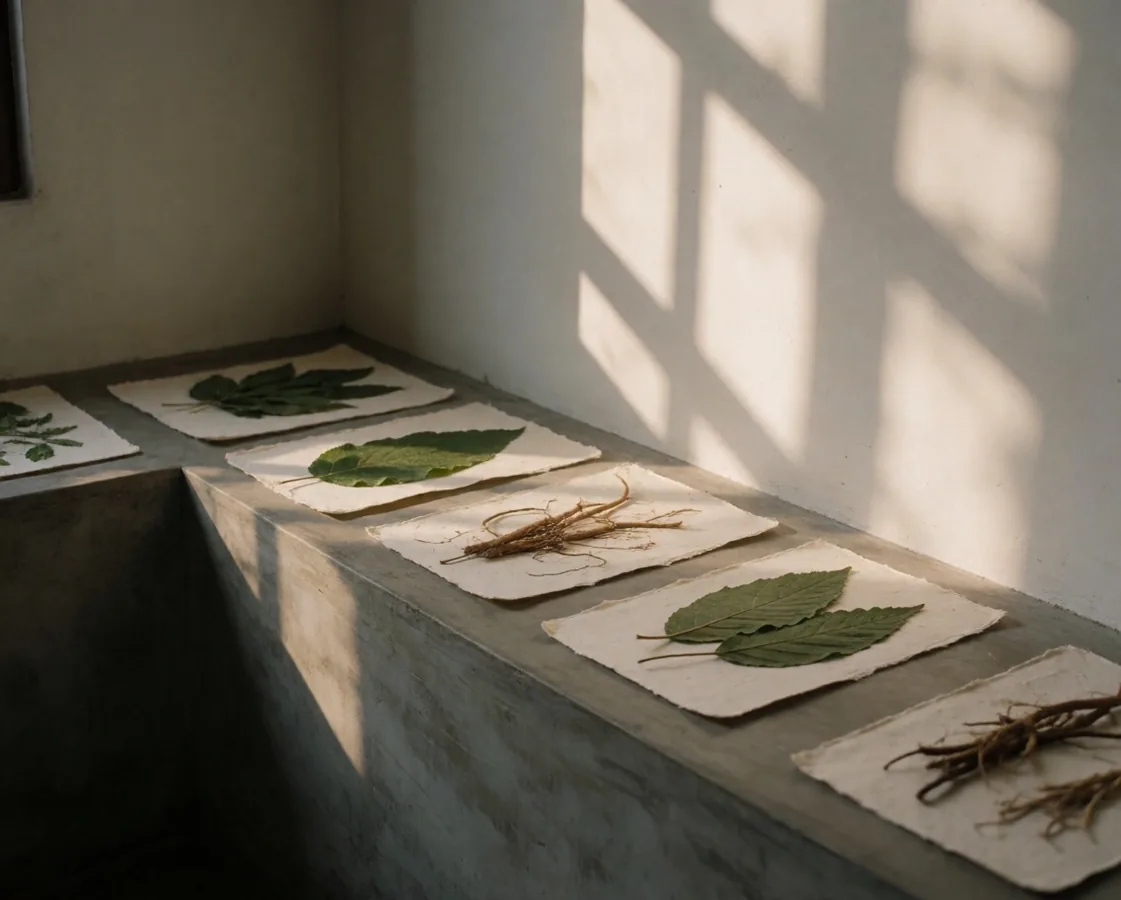 Whole-leaf herbs arranged flat on warm paper