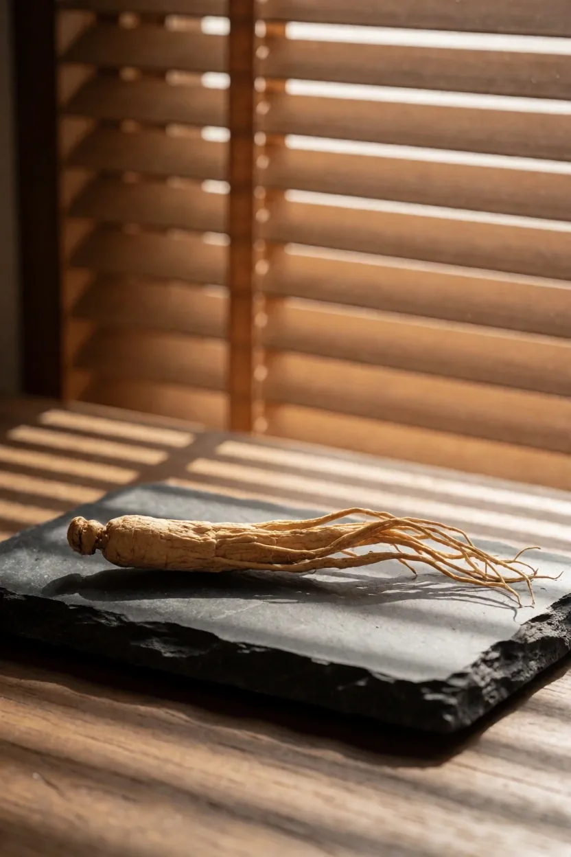Dried ginseng root on a cool stone slab under louvred light