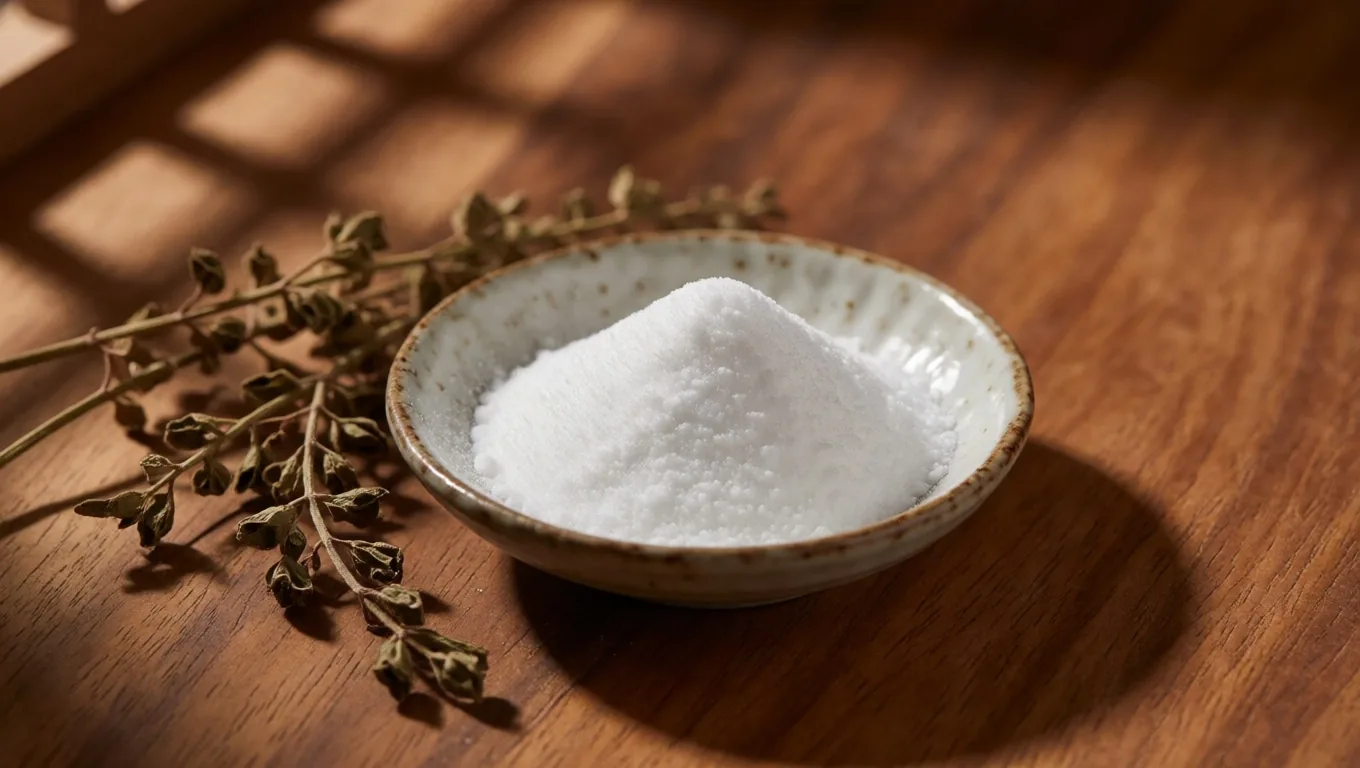 L-Carnitine powder and herbs on a warm surface