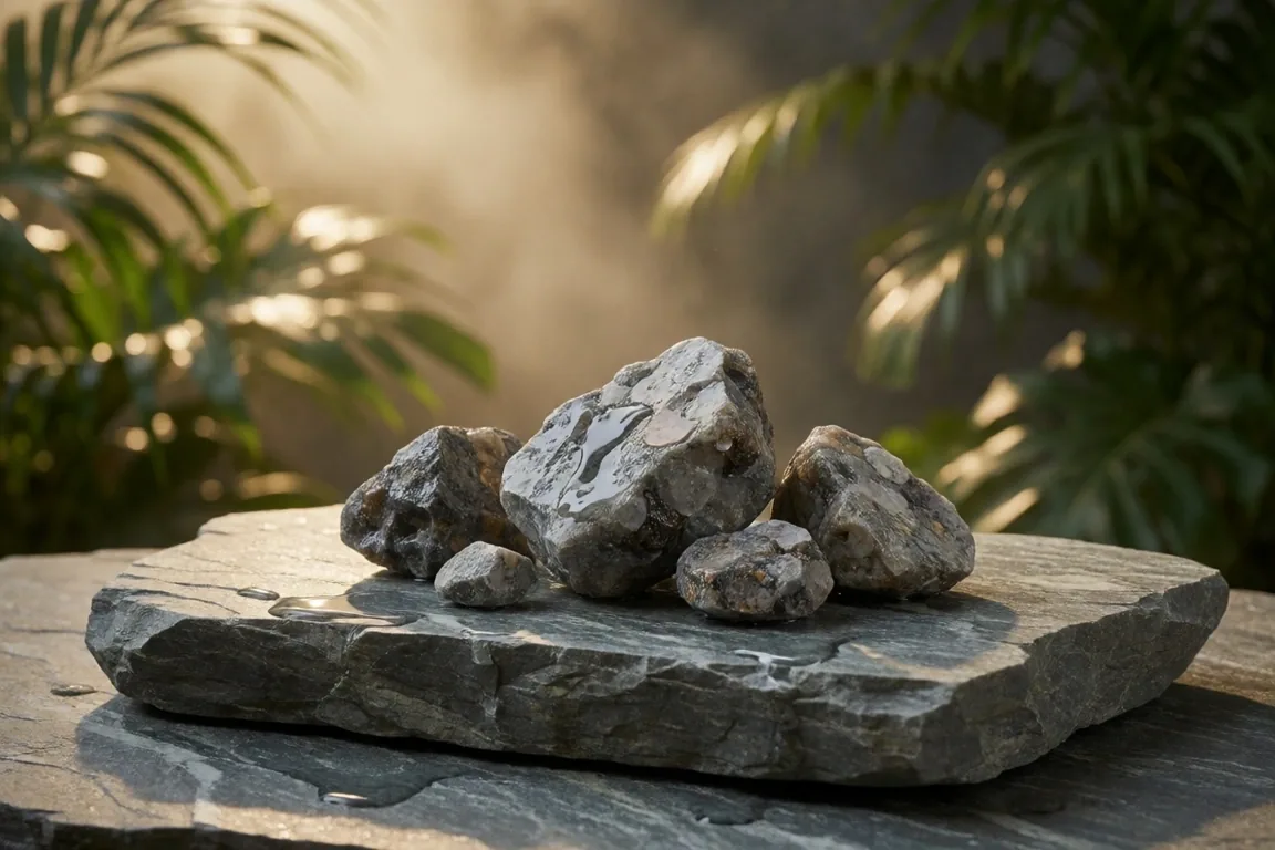 Mineral specimens on a cool stone surface