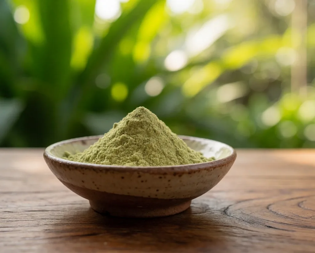 Natural plant-based energy powder with botanical leaves