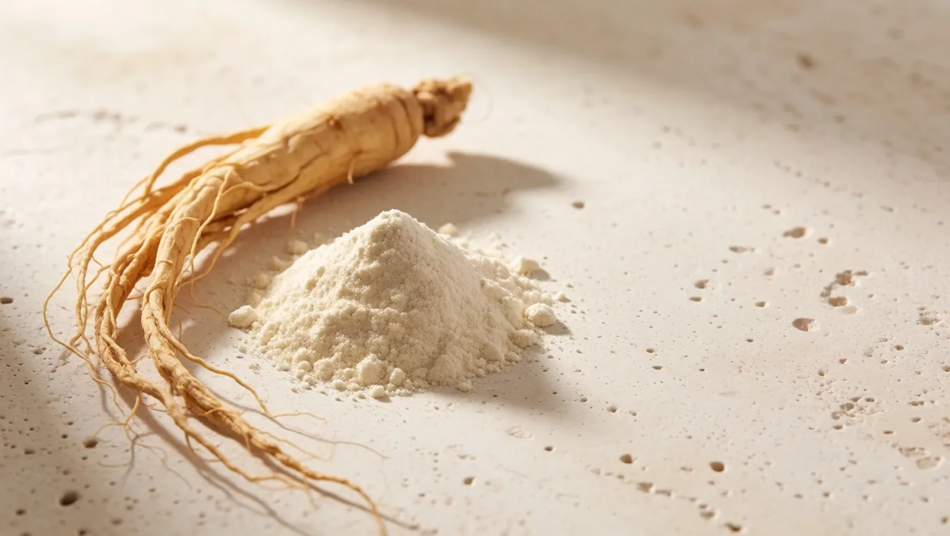 Amino acid powder and ginseng root on stone surface