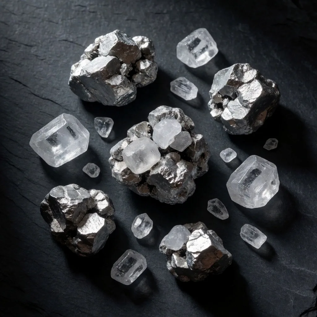 Zinc and magnesium mineral specimens on stone