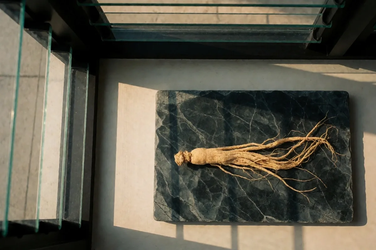 Dried botanical root on a stone slab