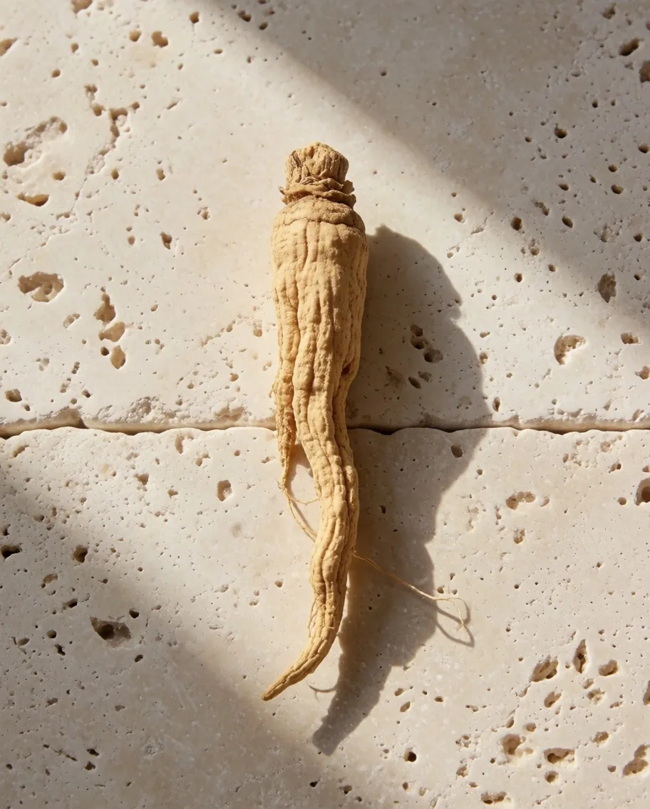 A dried ashwagandha root on a pale stone surface