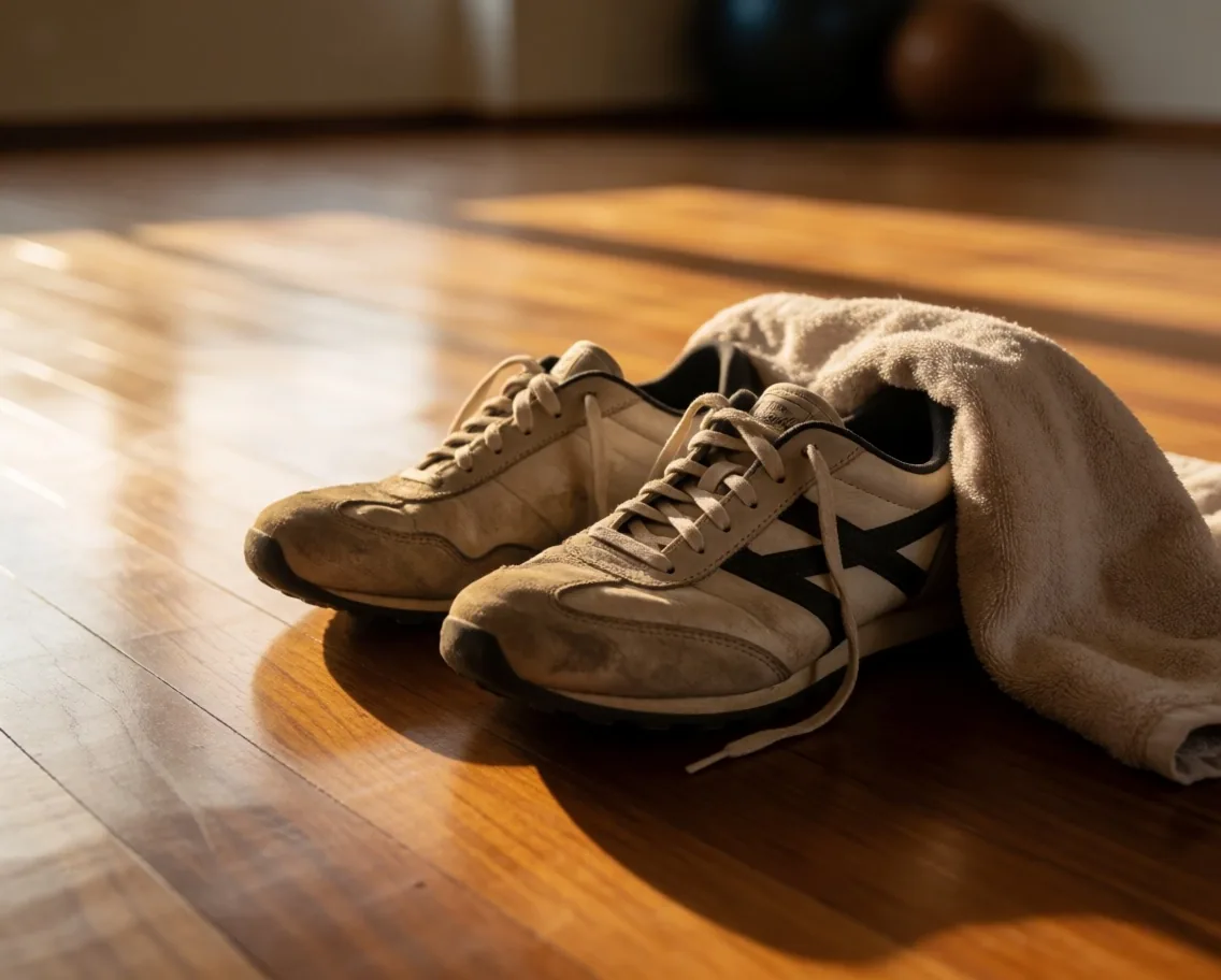 Training shoes on a wooden gym floor